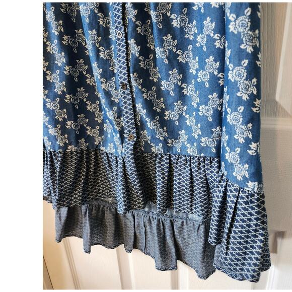 Boutique Designer Kori America Small Blue Rose Floral Tank Dress Ruffle Denim - Picture 3 of 10